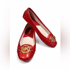 Michael Kors Red Ballet Flats with Gold MK Logo